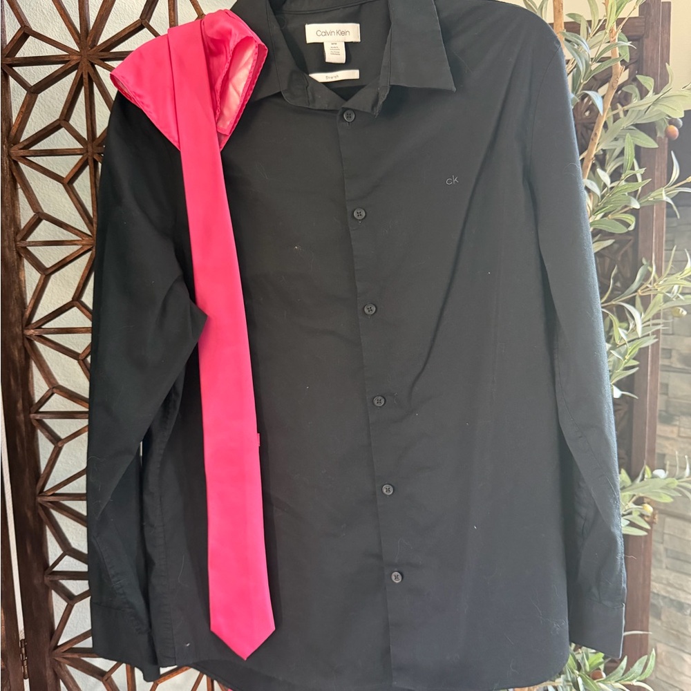 Calvin Klein Black Dress Shirt with Pink Tie Accent
